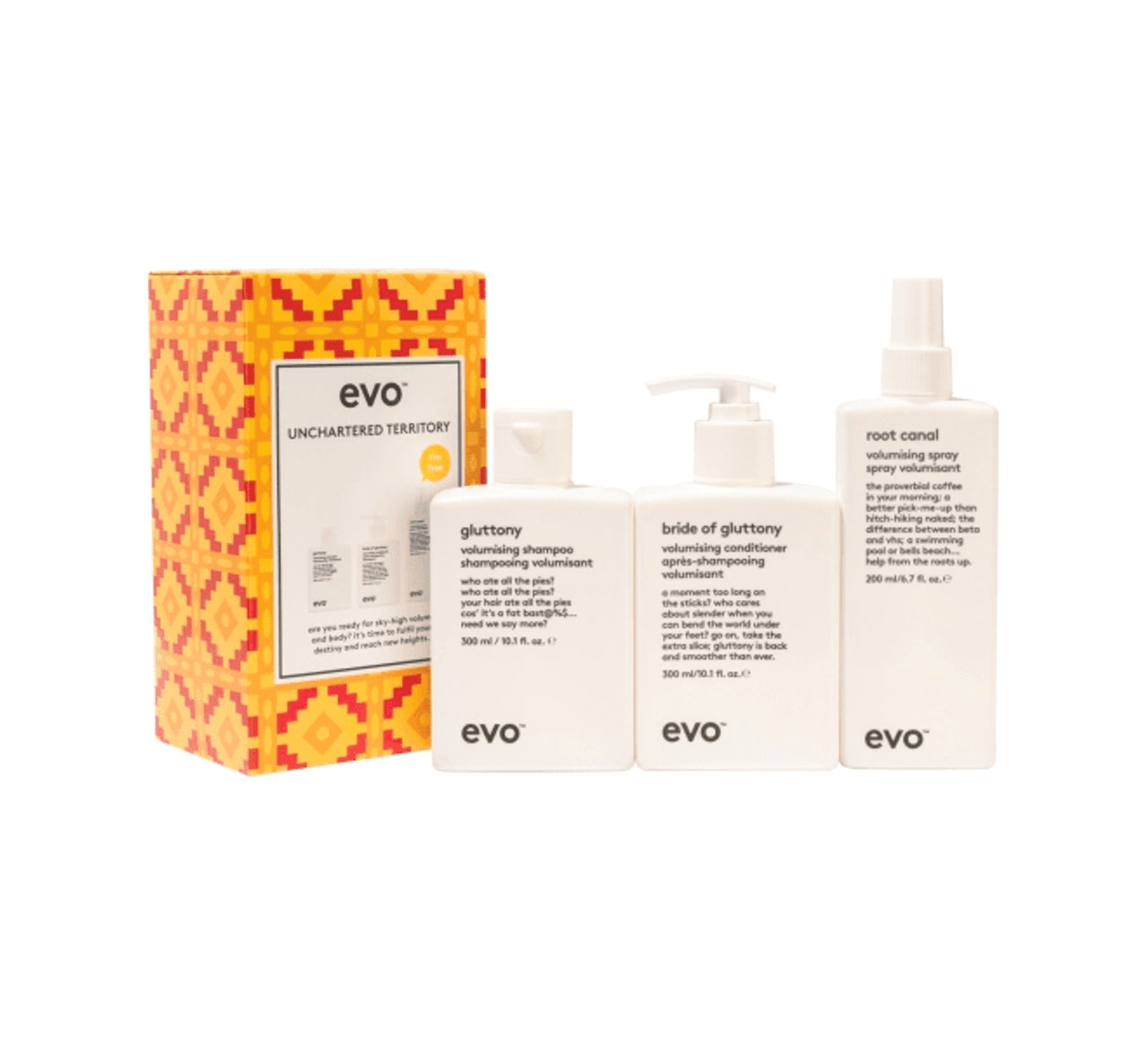 EVO Uncharted Territory volumising, body for fine hair pack includes shampoo, conditioner, root spray.